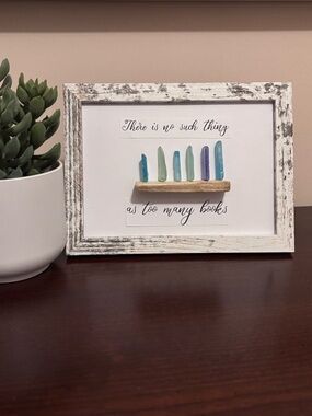 Artisan White Distressed Wood Frame with Blue and Green Sea Glass Book Art